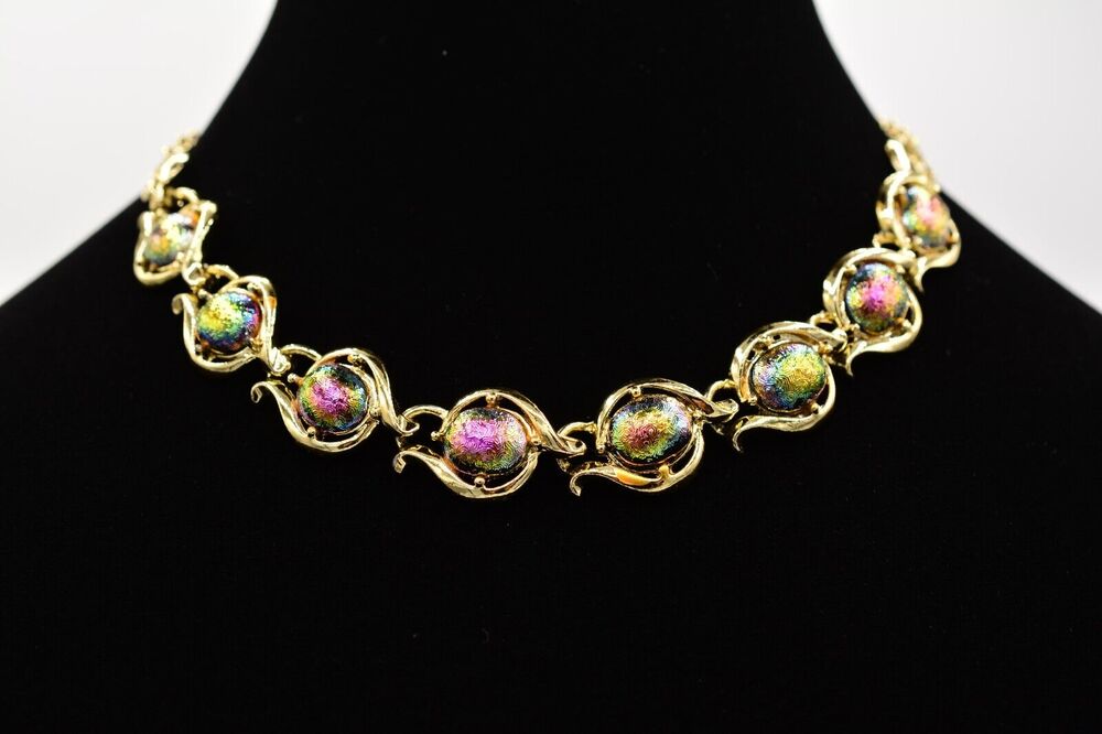 Vintage Collar Choker Necklace Lucite Watermelon Chrome Gold Linked 1970s BinA